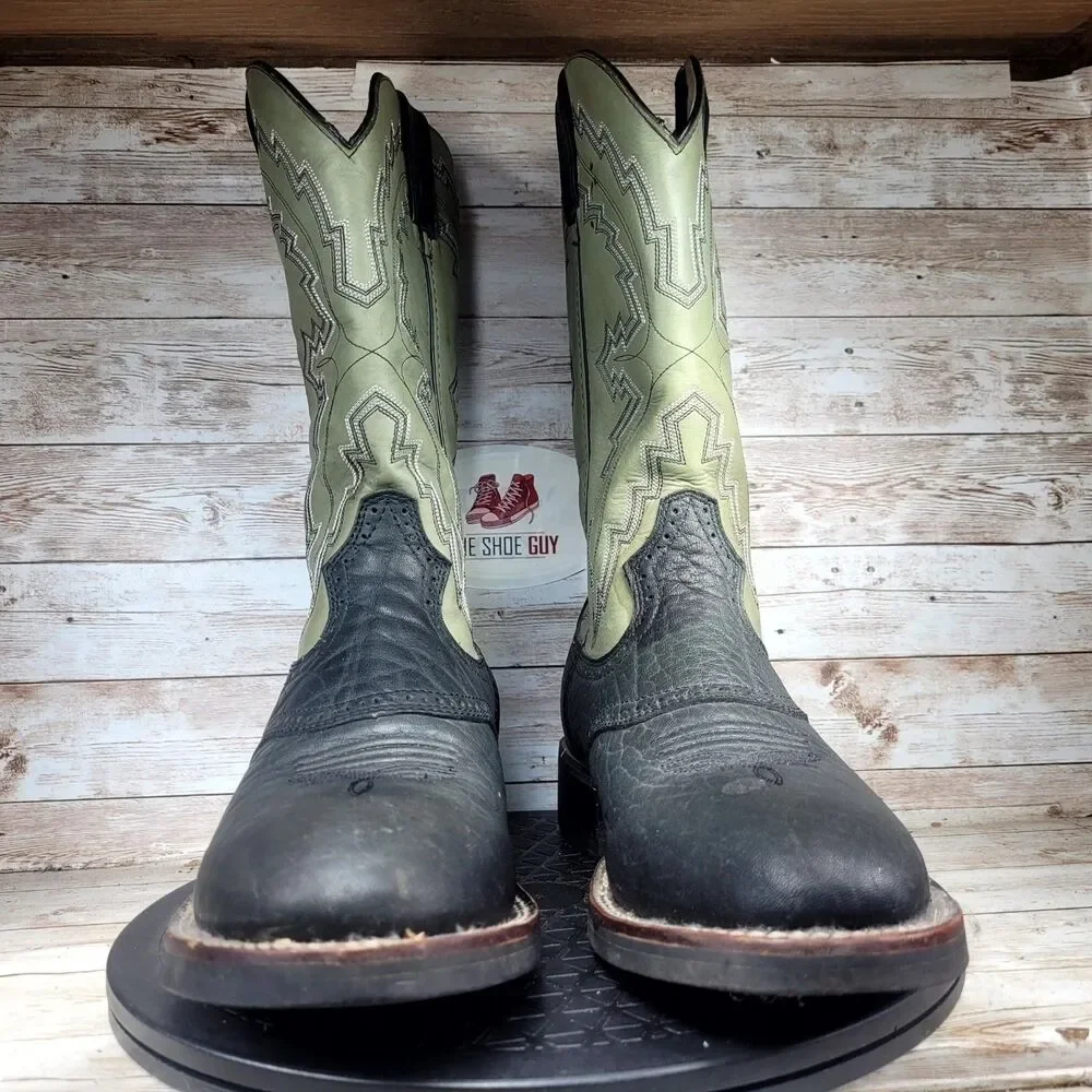 Durango Cowboy Western Boots Men's Size 8 Black Green Leather Round Toe Outdoor